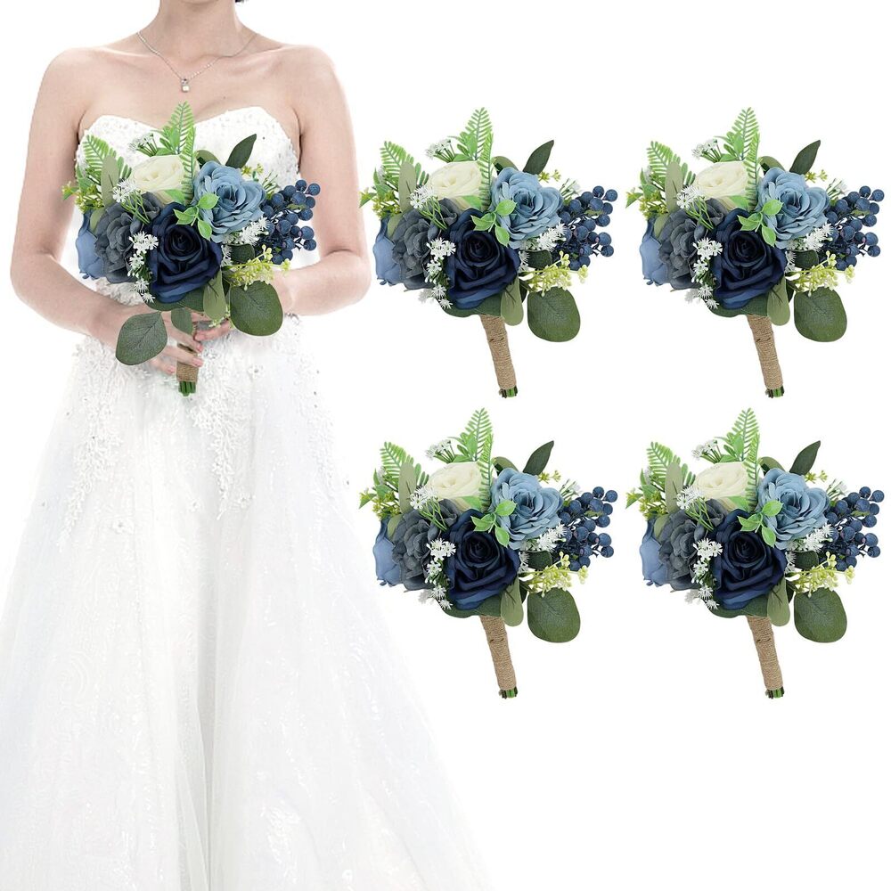 8158 Set of 4 Bridesmaid Bouquets for Wedding - 7 Inch Artificial Flowers